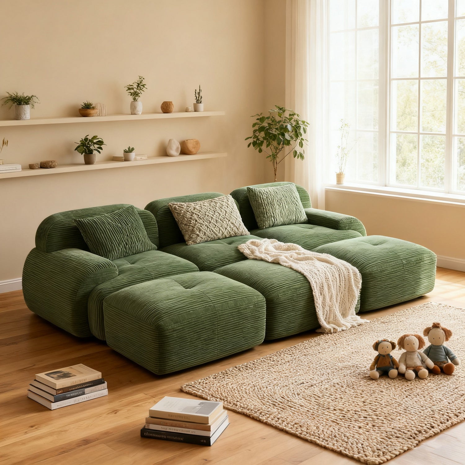 Ensemble de canapés avec accoudoirs incurvés et base antidérapante en tissu velours côtelé doux pour le salon, vert, siège 3 + tabouret 3