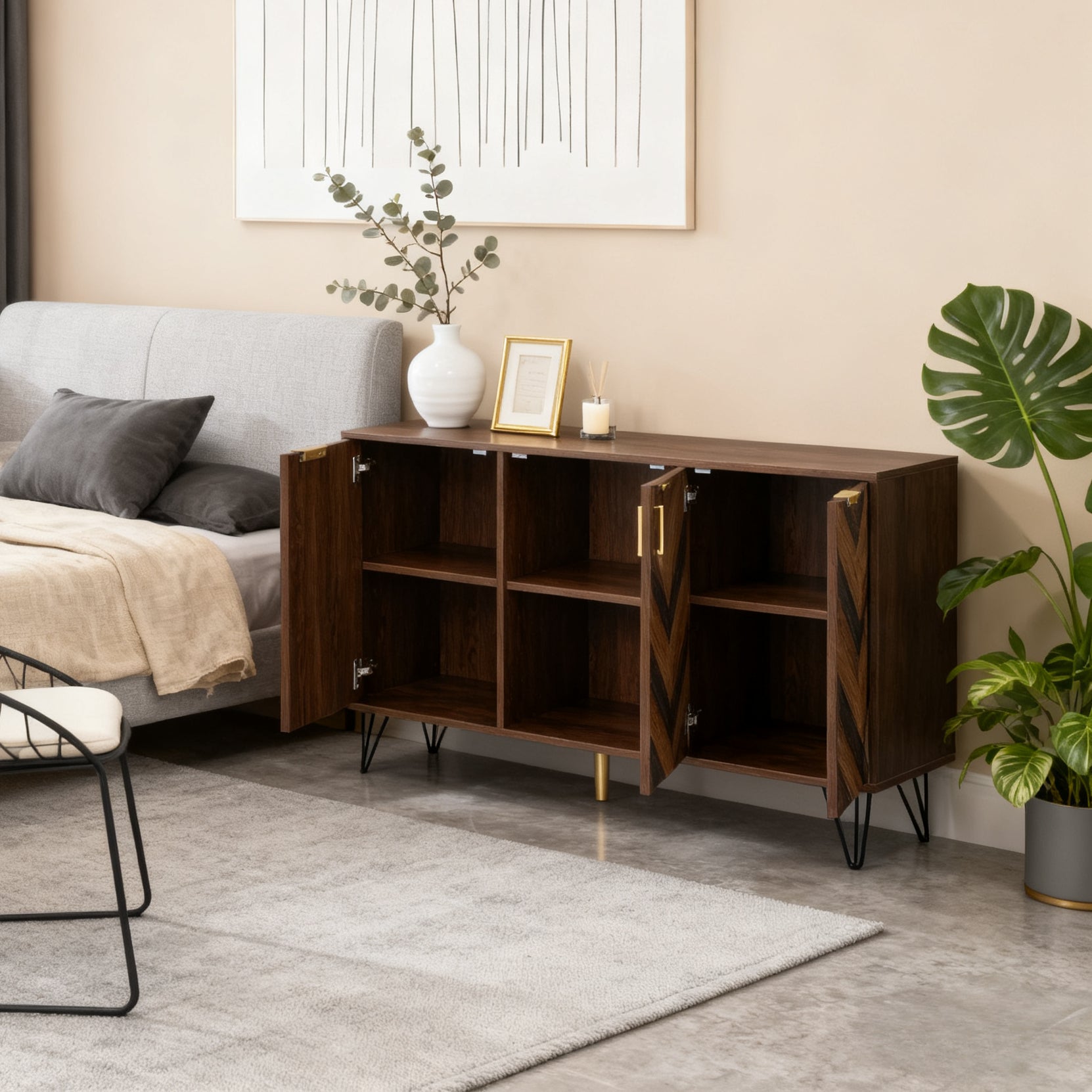 Sideboard exclusif 120x38x76,5 cm à 3 portes en placage de bois massif, griffes dorées et pieds en fer, idéal pour salon et salle à manger