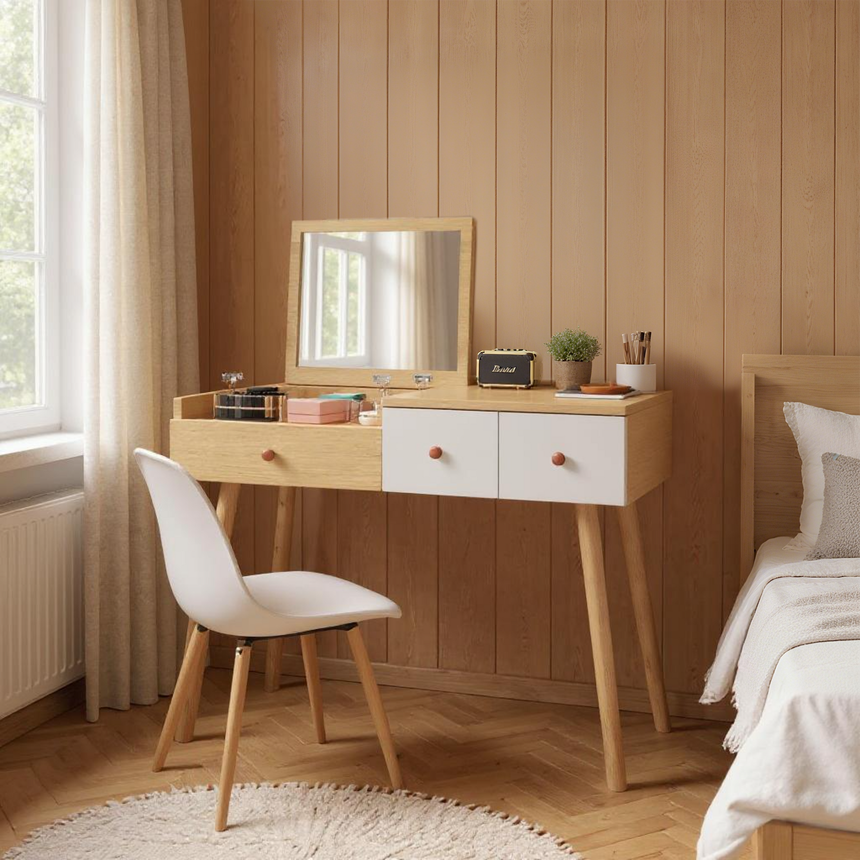 Coiffeuse en bois avec miroir rabattable, 3 tiroirs de rangement et design naturel blanc – 100x40x78 cm