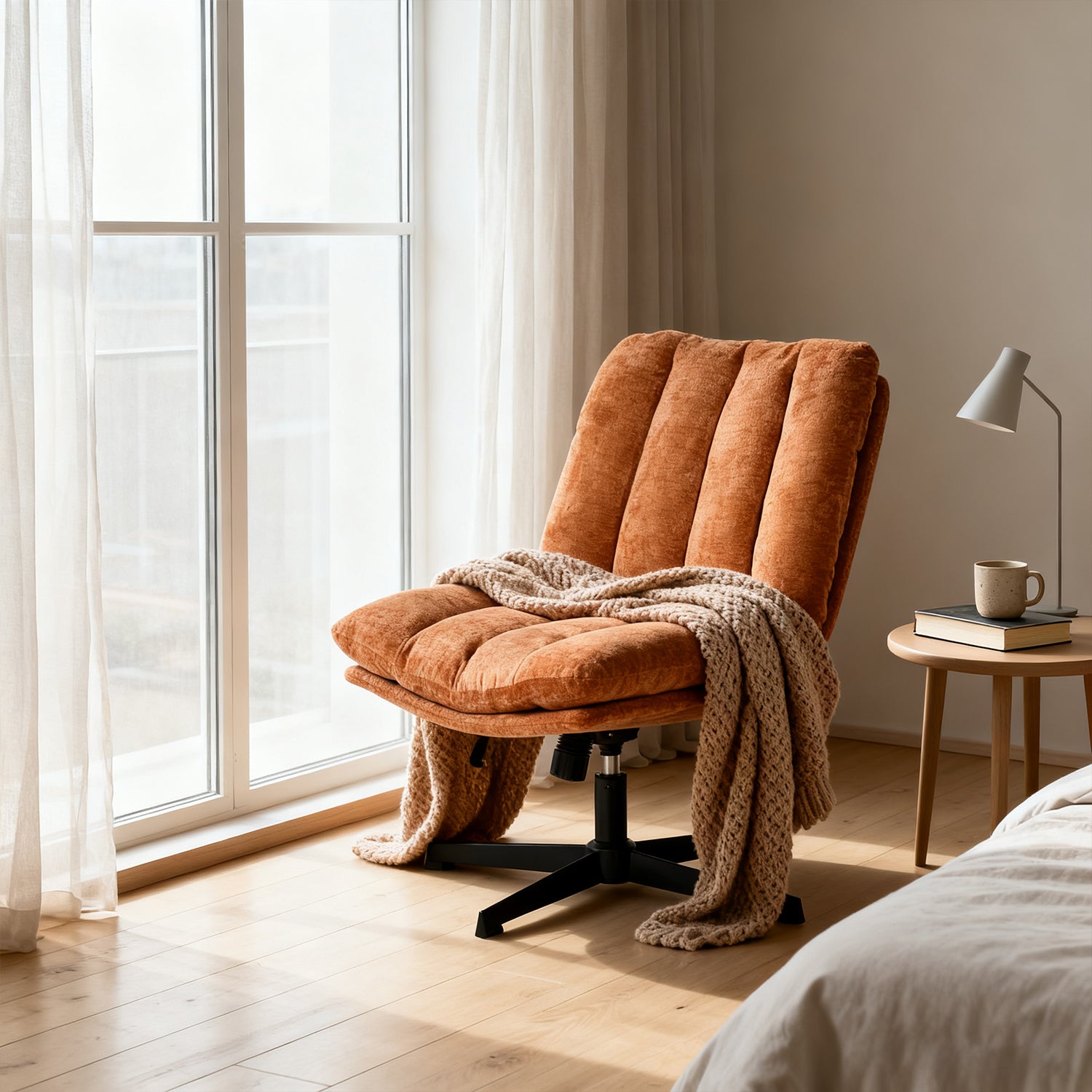 Drehbarer, verstellbarer Freizeitsessel mit Armlehnen aus beigem Cord – DUROTHIL