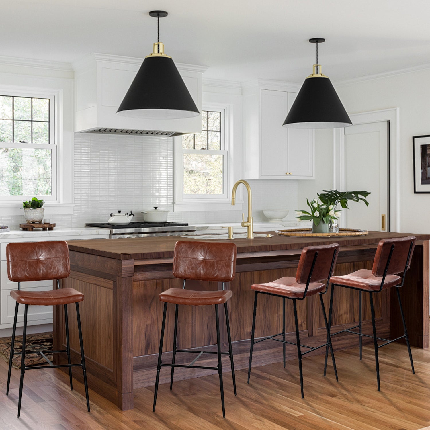 Set mit 6 industriellen Barhockern mit Rückenlehne aus braunem geöltem Leder – POMONA BAR