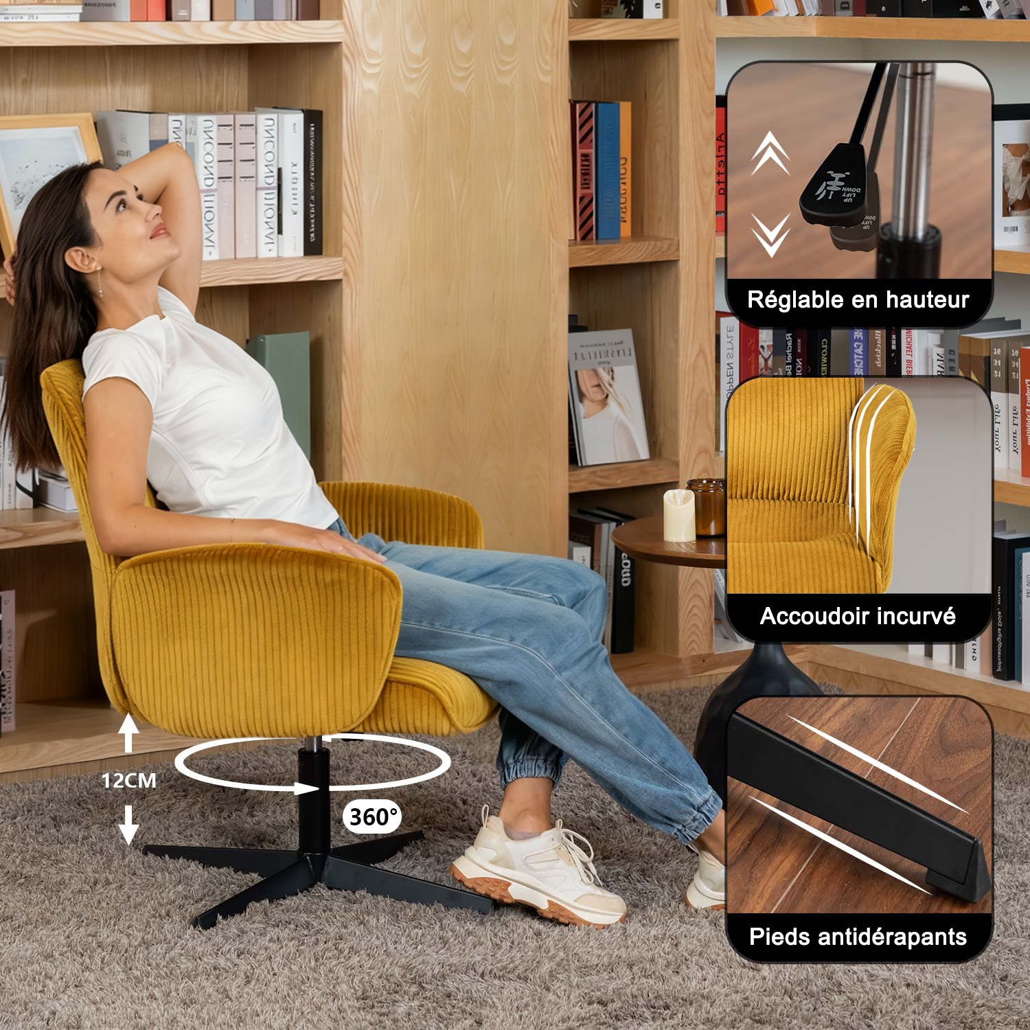 Fauteuil de bureau ergonomique pivotant et réglable avec accoudoirs en velours côtelé jaune - THOMASINA