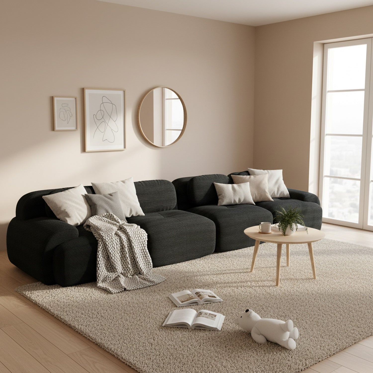 2-Sitzer-Schlafsofa aus dunkelgrauem Stoff mit Seitentaschen, modernes Schlafsofa