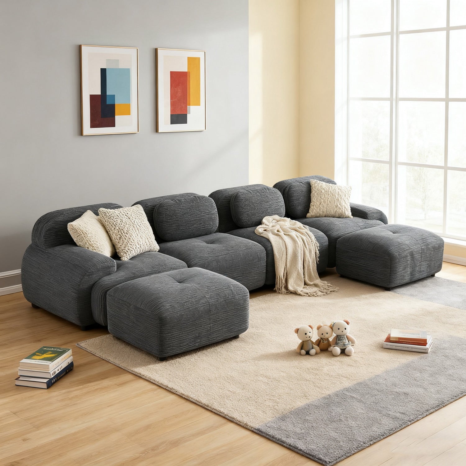 Ensemble de canapés avec accoudoirs incurvés et base antidérapante en tissu velours côtelé doux pour le salon, gris, siège 4+tabouret 2