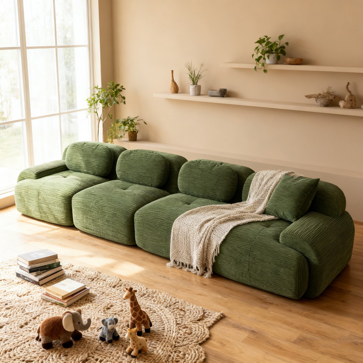 Ensemble de canapés avec accoudoirs incurvés et base antidérapante en tissu velours côtelé doux pour le salon, vert, siège 4