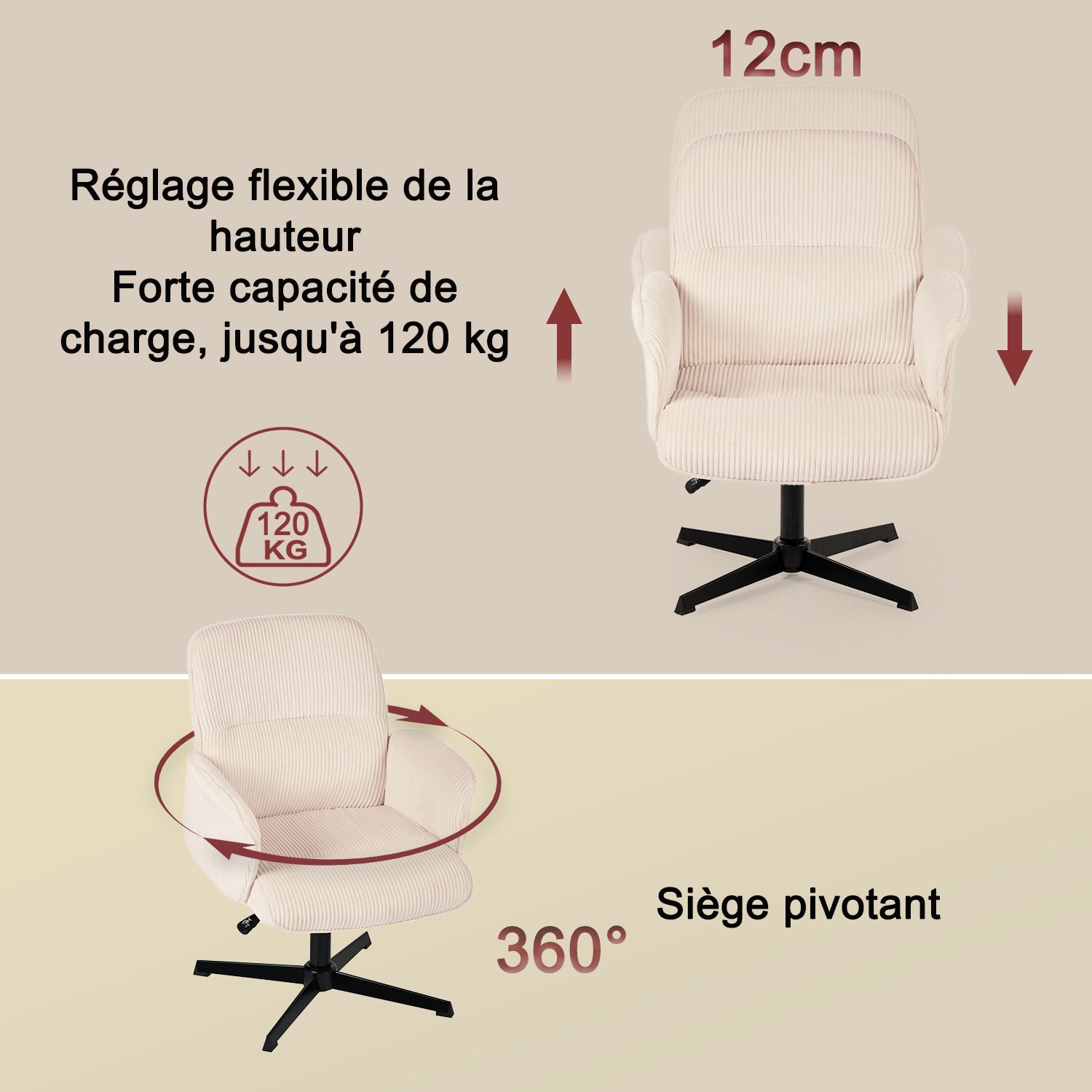 Fauteuil de bureau ergonomique pivotant et réglable avec accoudoirs en velours côtelé beige - THOMASINA
