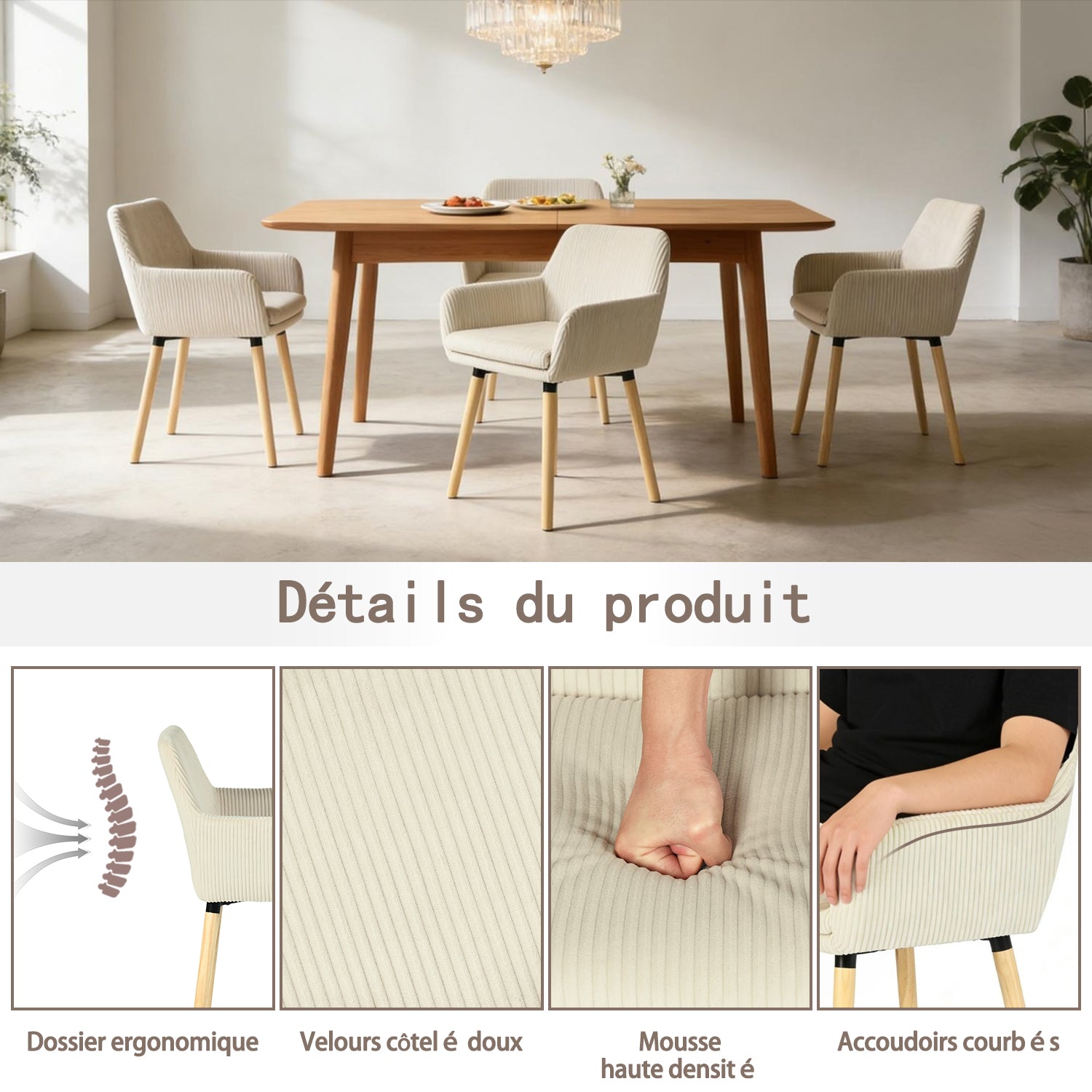 Lot de 6 chaises de salle à manger de style scandinave avec pieds en bois et accoudoirs en velours côtelé beige - ELIA