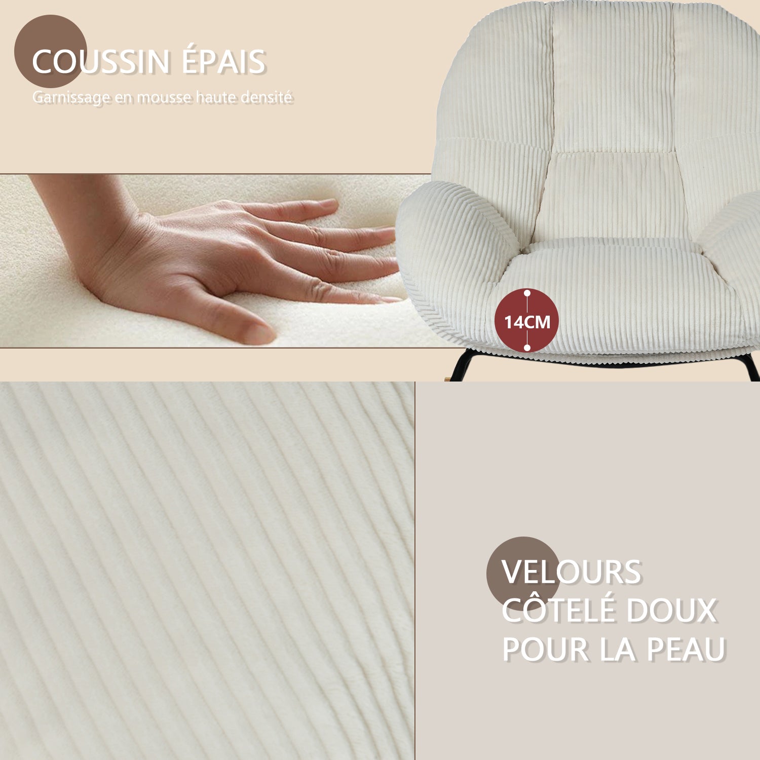 Fauteuil à bascule scandinave en velours côtelé avec accoudoirs pour salon ou chambre à coucher, beige - LITHOPS