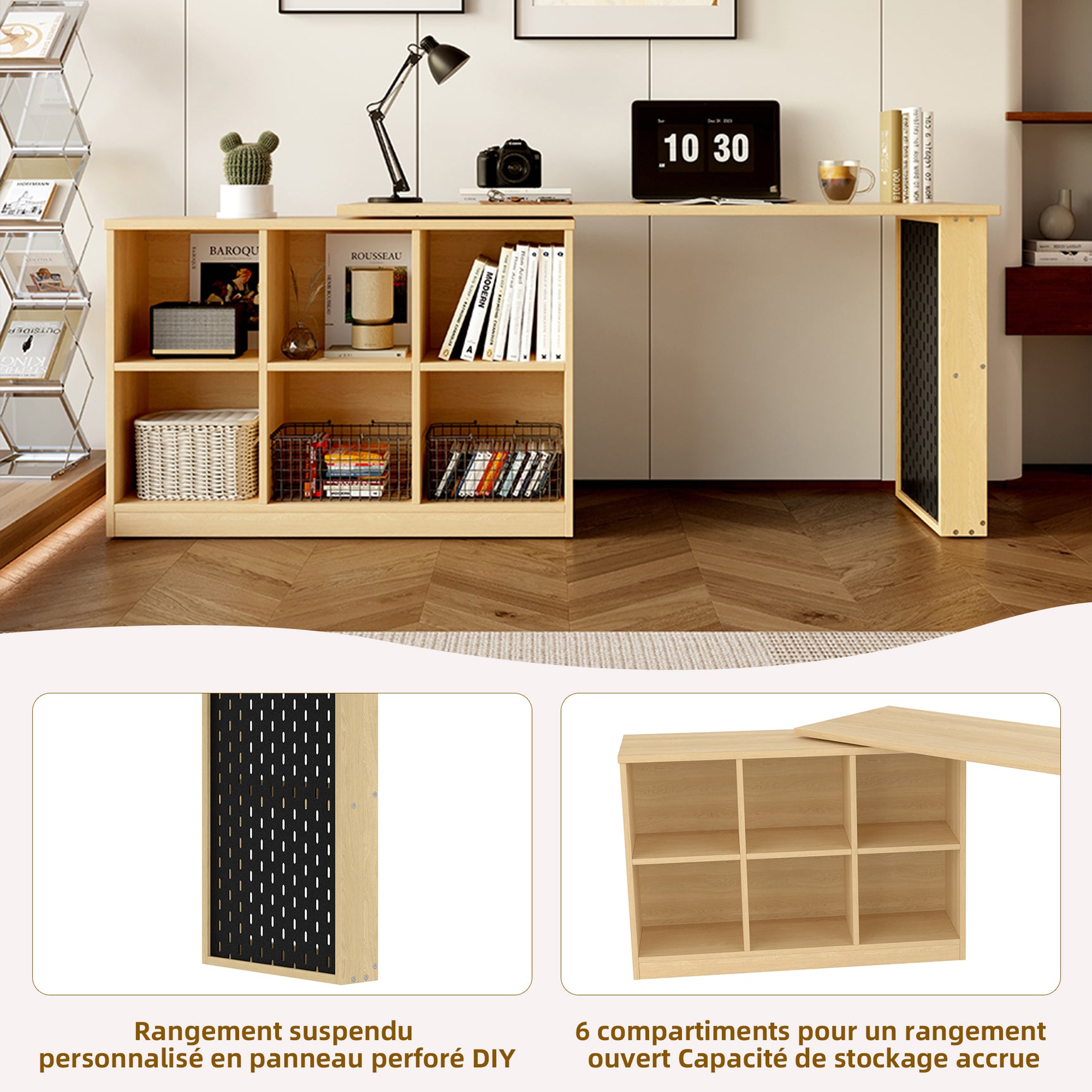 Multifunktionaler Schreibtisch 140x104x75 cm in MDF -Holz mit 6 Speicherfächern, dickem Tablett, Regal und perforiertem Metallischen Panel