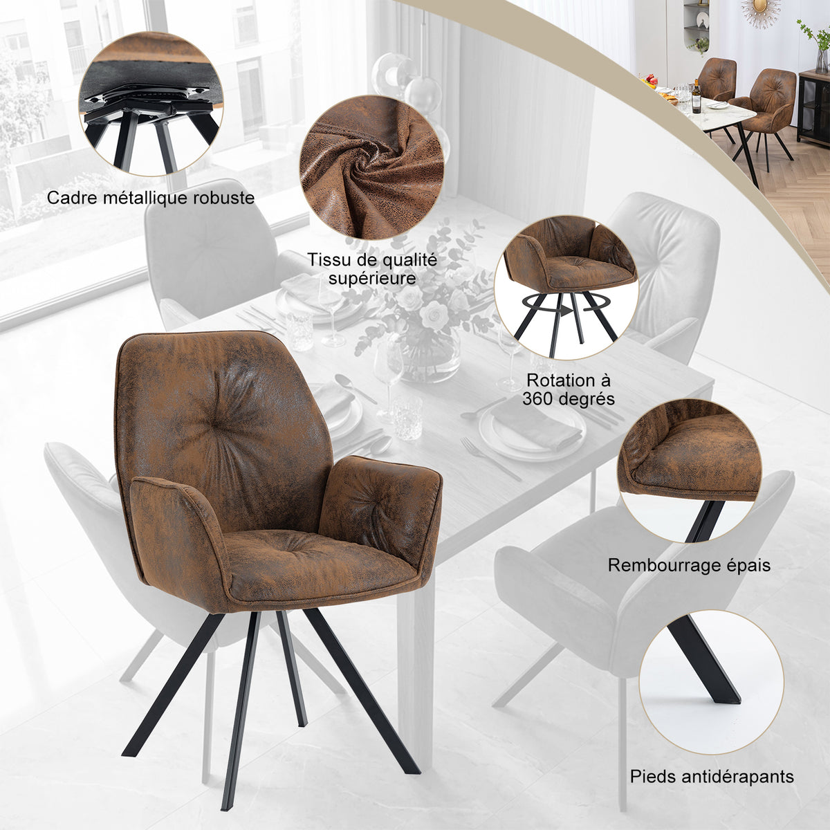 Round Table Table Table Table Timber Ø80 cm with 4 black velvet chairs, modern and comfortable style
