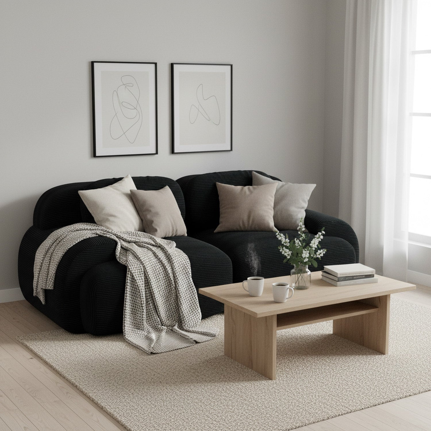 Ensemble de canapés avec accoudoirs incurvés et base antidérapante en tissu velours côtelé doux pour le salon, noir, siège 2