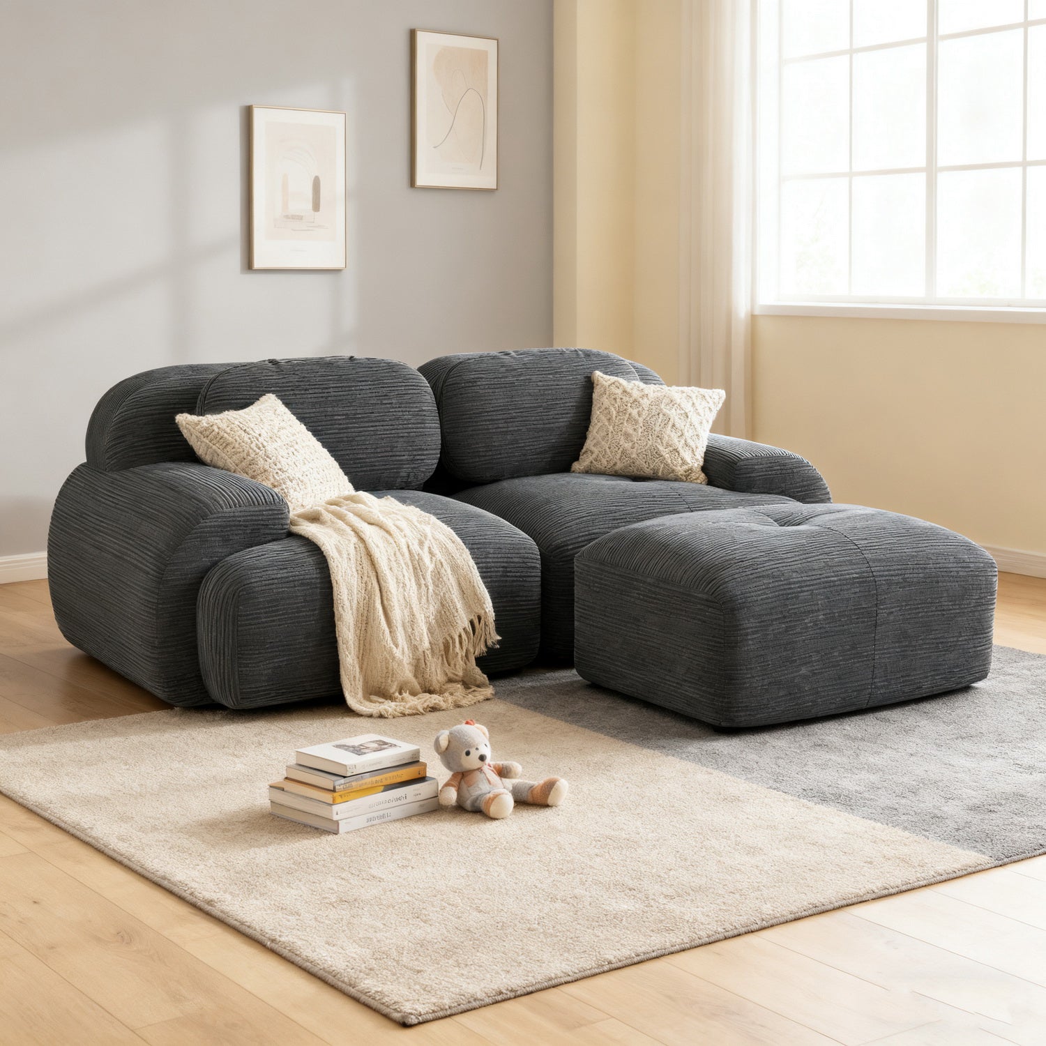Ensemble de canapés avec accoudoirs incurvés et base antidérapante en tissu velours côtelé doux pour le salon, gris, siège 2 + tabouret 1