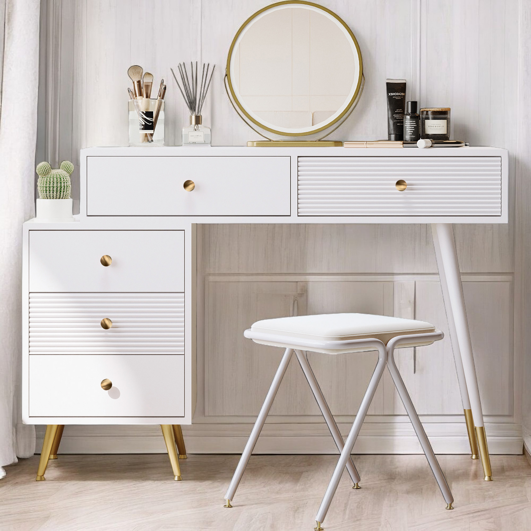 Ensemble coiffeuse élégante avec miroir HD rétroéclairé par LED, meuble latéral réglable et tiroir coulissant, 100 x 40 x 78 cm