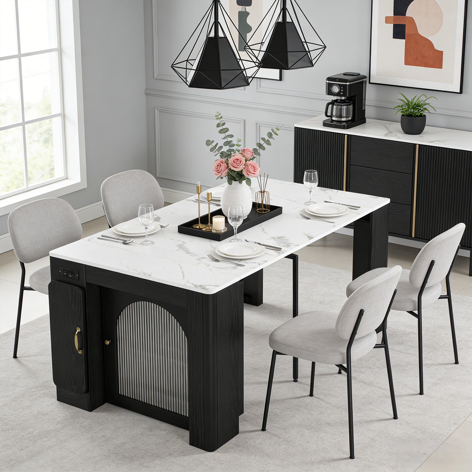 Extensible dining table 140/180x80x75 cm with MDF tray white marble effect and black metal feet