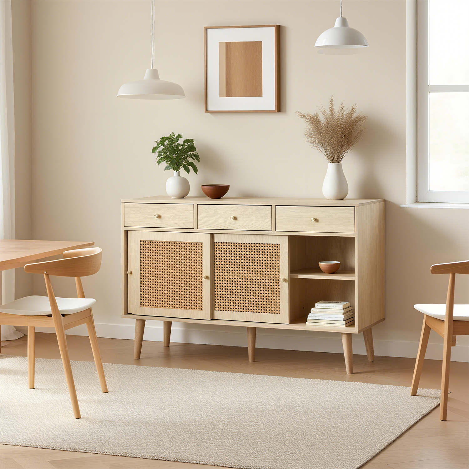 Retro-Sideboard aus Eichenholz mit 3 Schubladen, 3 Rattan-Schiebetüren und verstellbaren Regalen – 120 x 40 x 78 cm