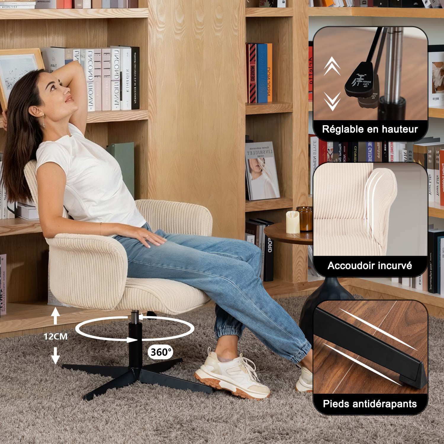 Fauteuil de bureau ergonomique pivotant et réglable avec accoudoirs en velours côtelé beige - THOMASINA