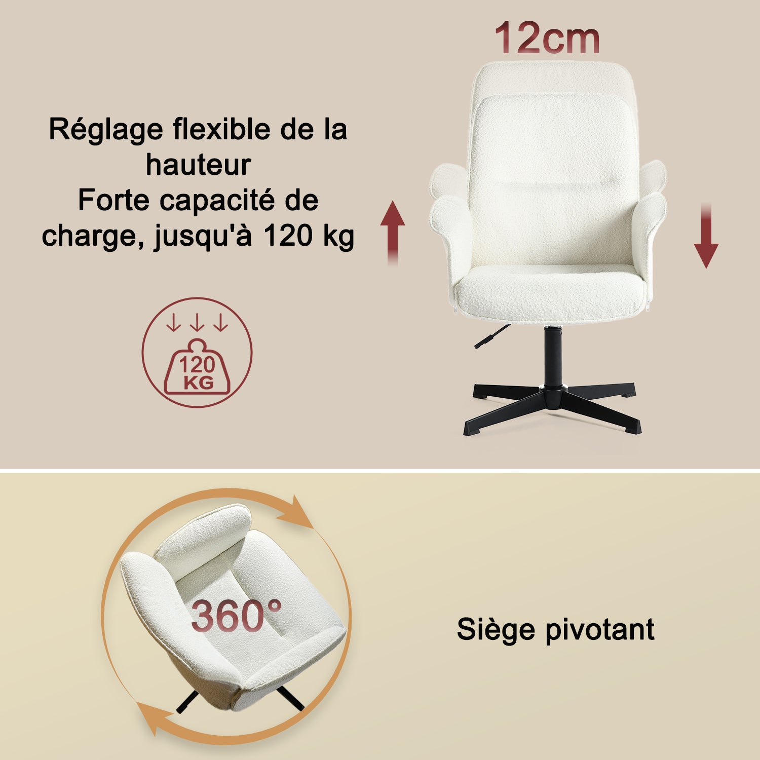 Einstellbare ergonomische Büro -Sessel mit Stoff Armlehnen weiße Schleife - Thomasina