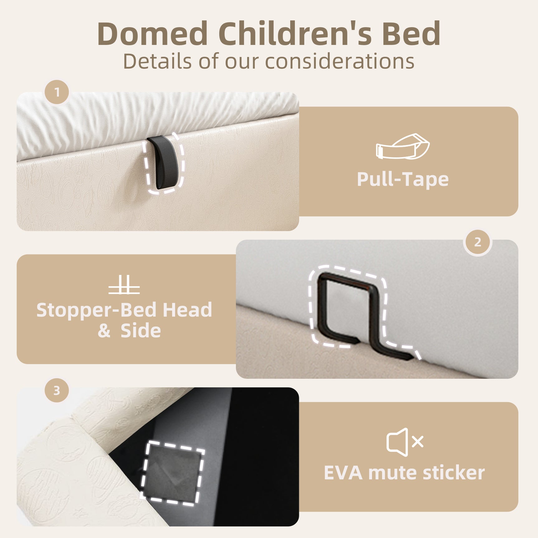 Kinderbett 90×200 cm gepolstert (ohne Matratze) in beigem PU mit gewölbtem Kopfteil