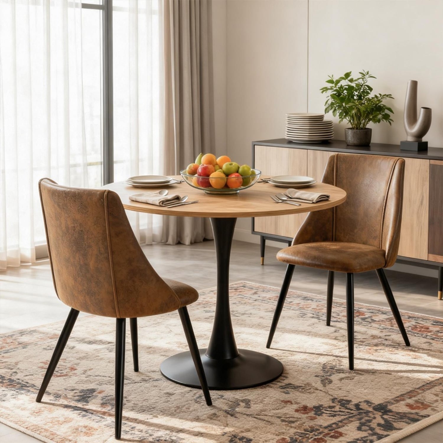 Ensemble de salle à manger de style scandinave composé d'une table ronde en chêne et de 2 chaises en suédine marron