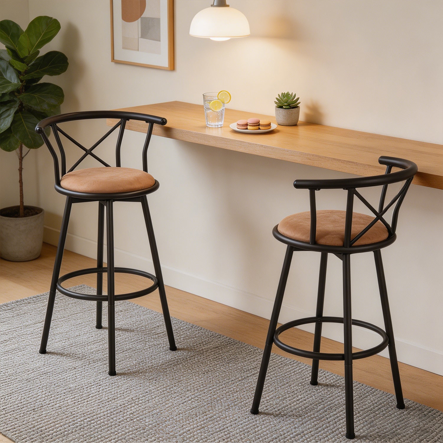 Set von 2 schwenkbaren Industriestangenhockern mit brauner Stoff -Rückenlehne - Hailey 29