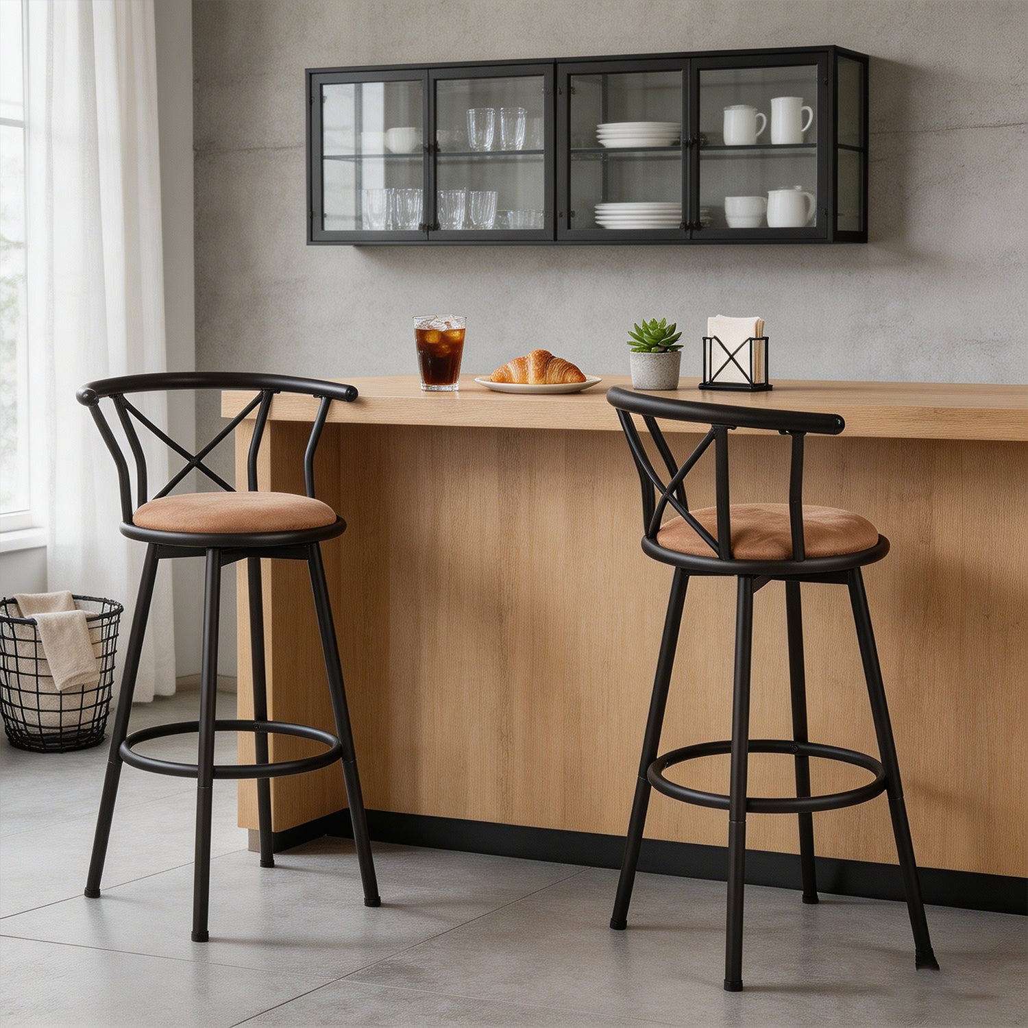Set von 2 schwenkbaren Industriestangenhockern mit brauner Stoff -Rückenlehne - Hailey 29