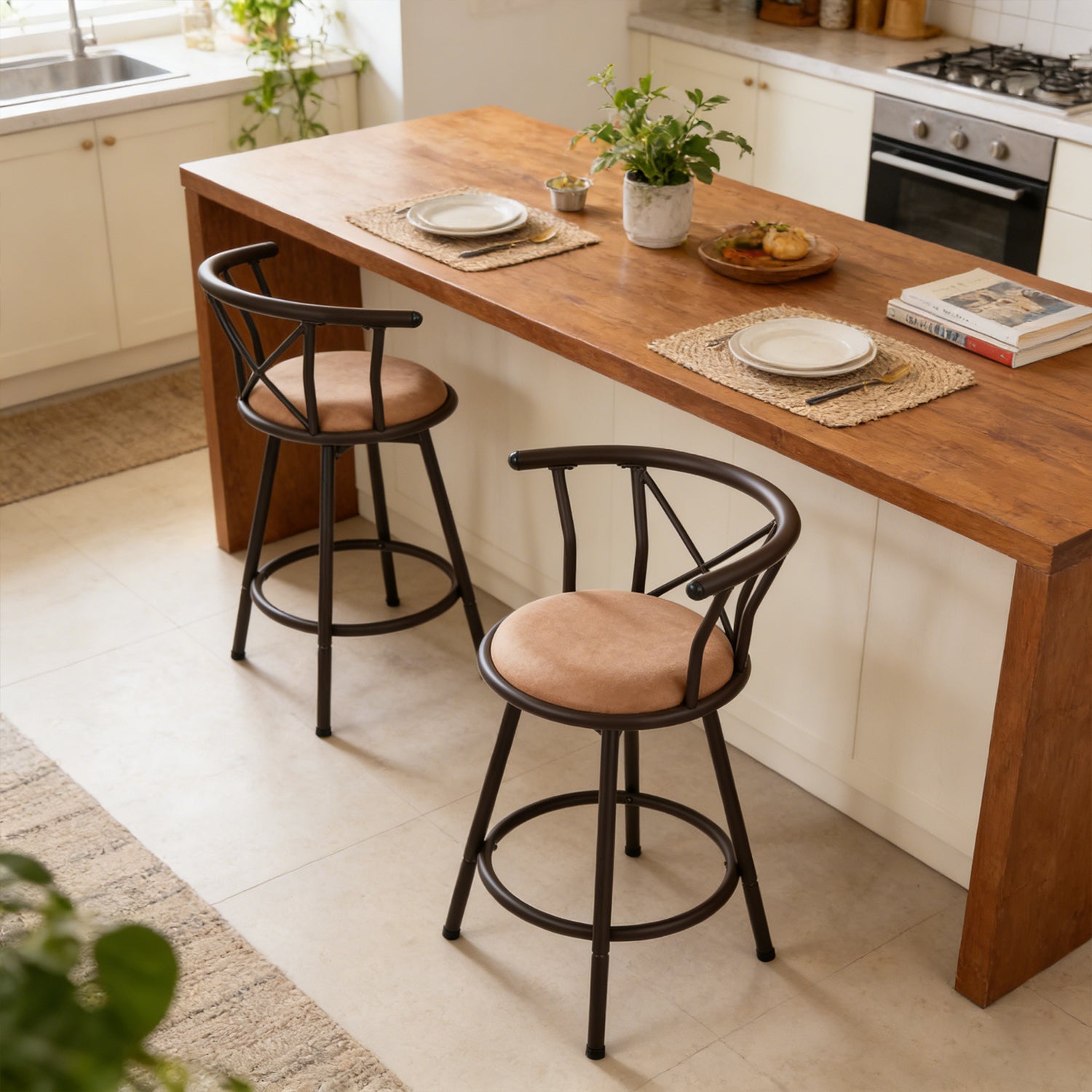 Set von 2 drehenden Industriestangenhocker mit brauner Stoffdatei - Hailey 24