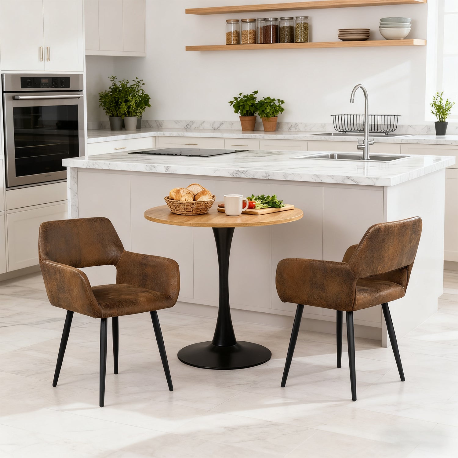 Round Table Table Table Table Timber Ø80 cm with 4 black velvet chairs, modern and comfortable style