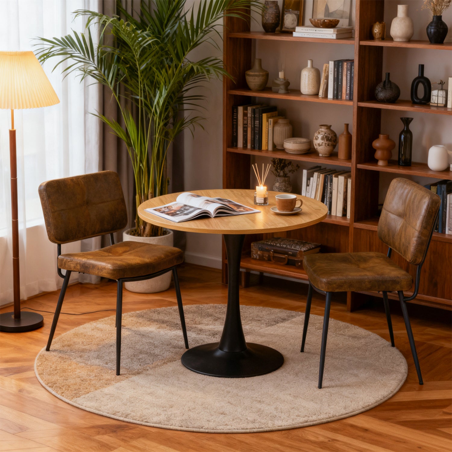Round Table Table Table Table Timber Ø80 cm with 4 black velvet chairs, modern and comfortable style