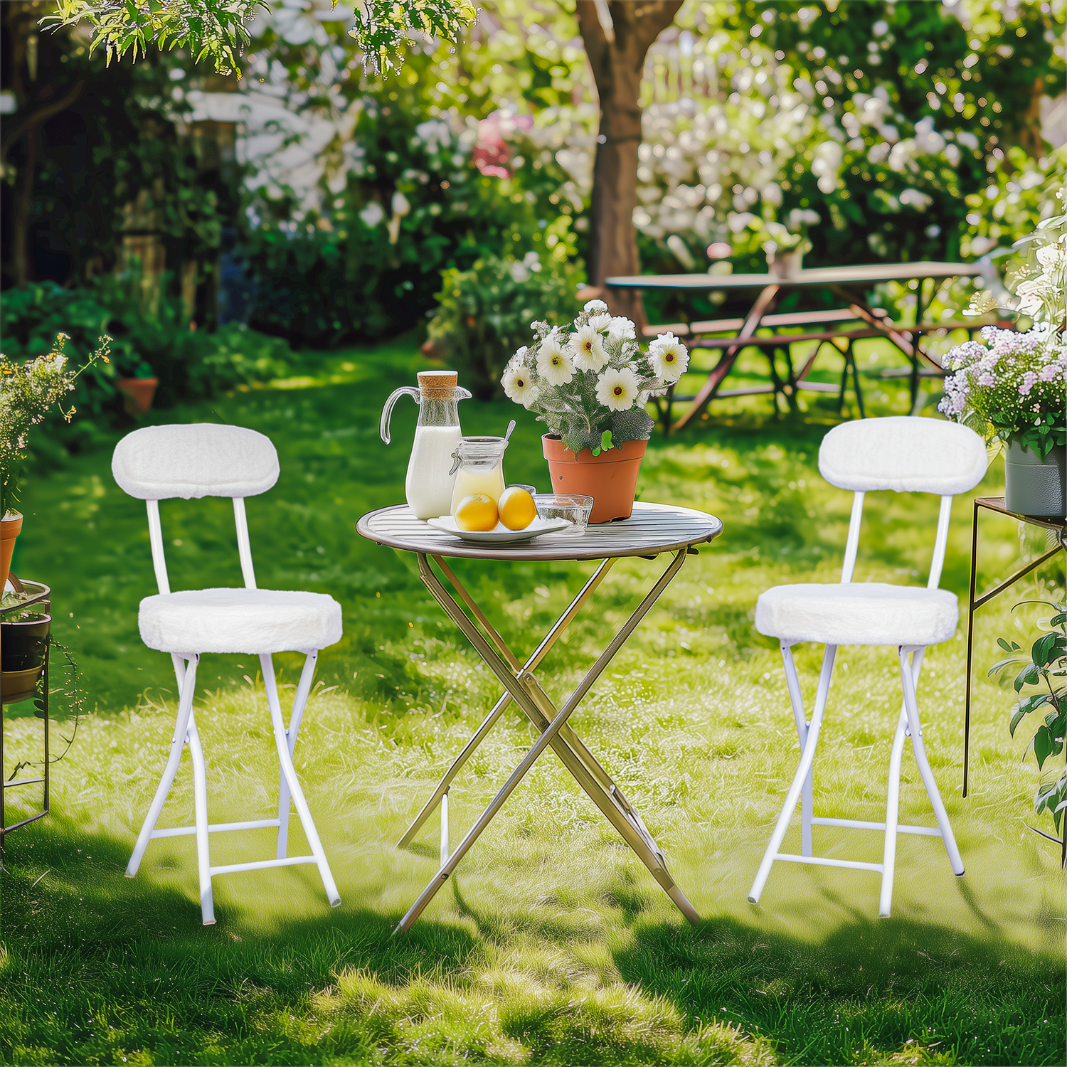 Set von 4 Stühlen/Klapphocker, runder Sitz im Stoff Fellfell weißes Fell - Ernst