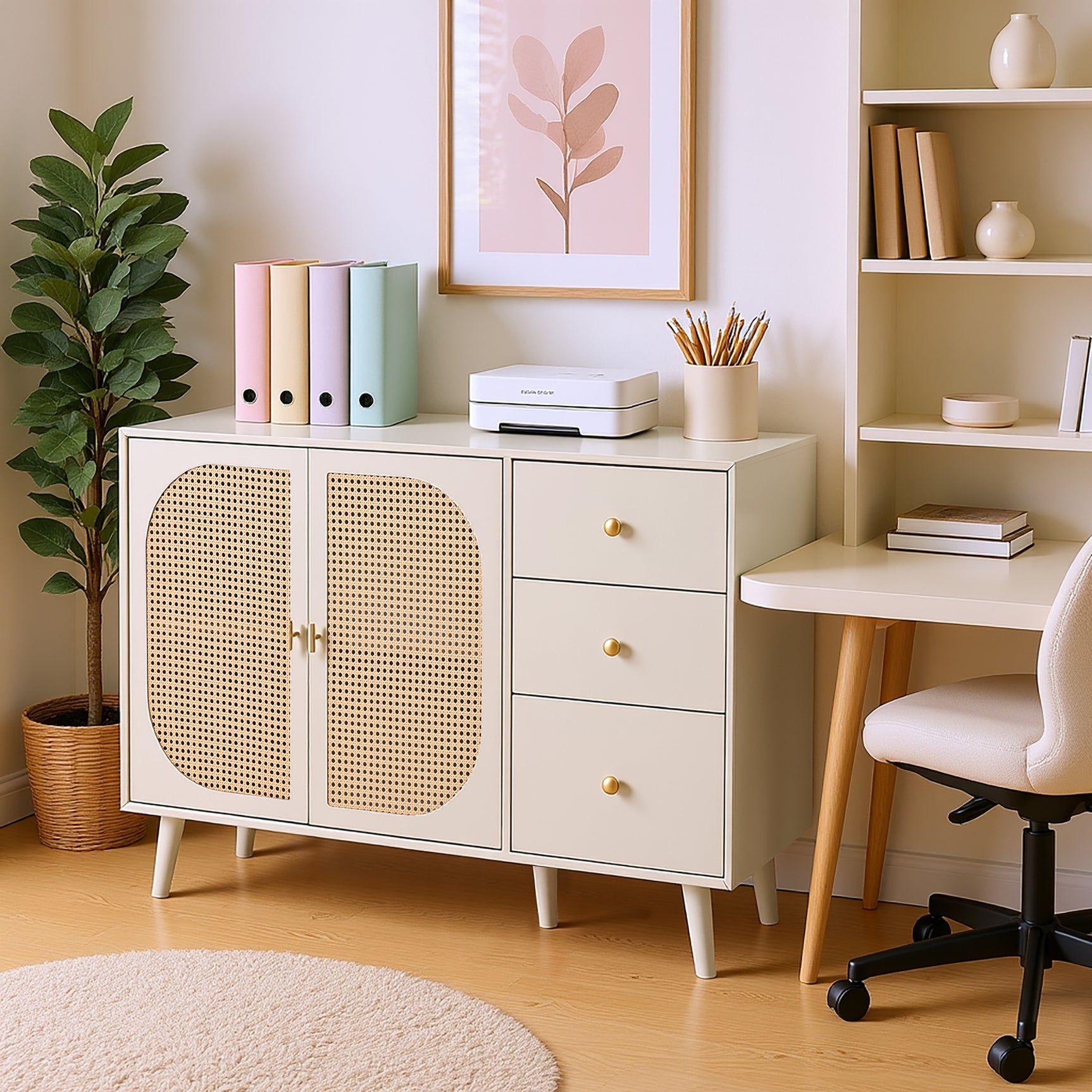 Buffet de salon et salle à manger en blanc cassé avec portes en rotin et 3 tiroirs, meuble de rangement moderne 120 cm de large