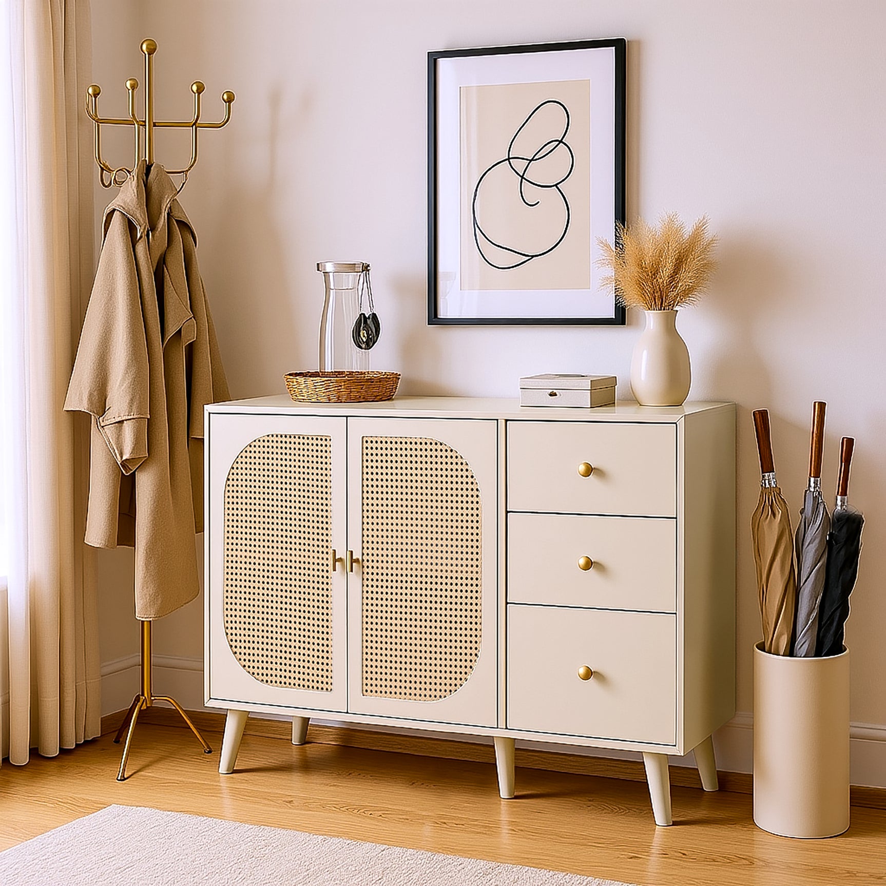 Buffet de salon et salle à manger en blanc cassé avec portes en rotin et 3 tiroirs, meuble de rangement moderne 120 cm de large