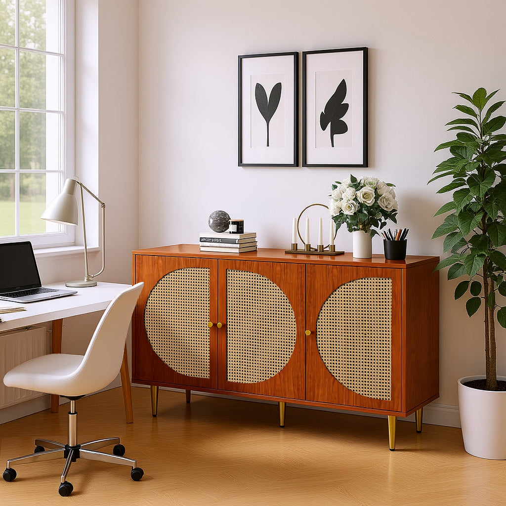 Buffet en noyer avec 3 portes en rotin et pieds en métal