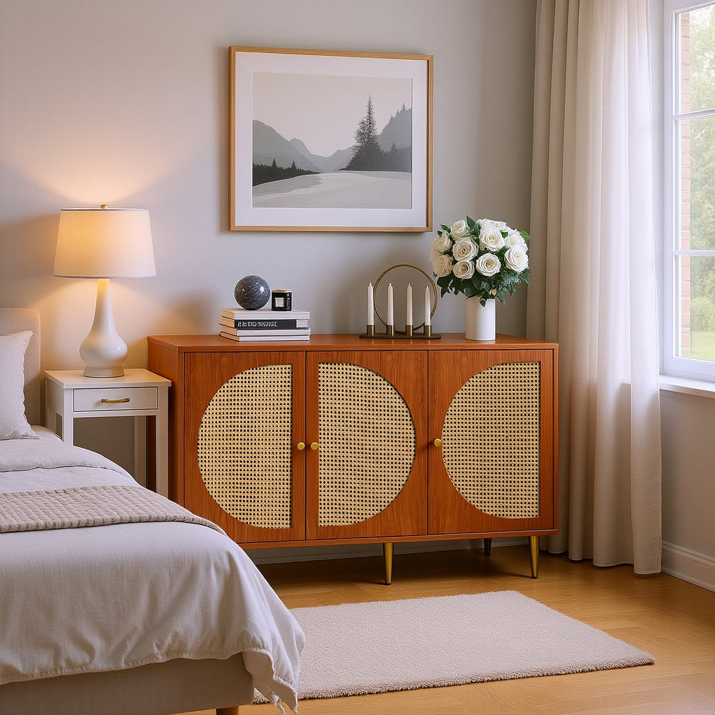 Buffet en noyer avec 3 portes en rotin et pieds en métal