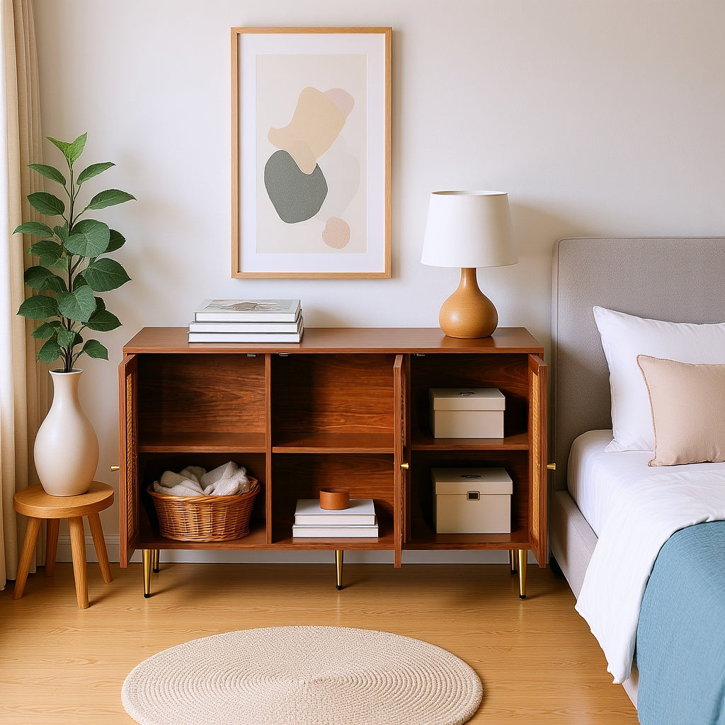 Buffet en noyer avec 3 portes en rotin et pieds en métal