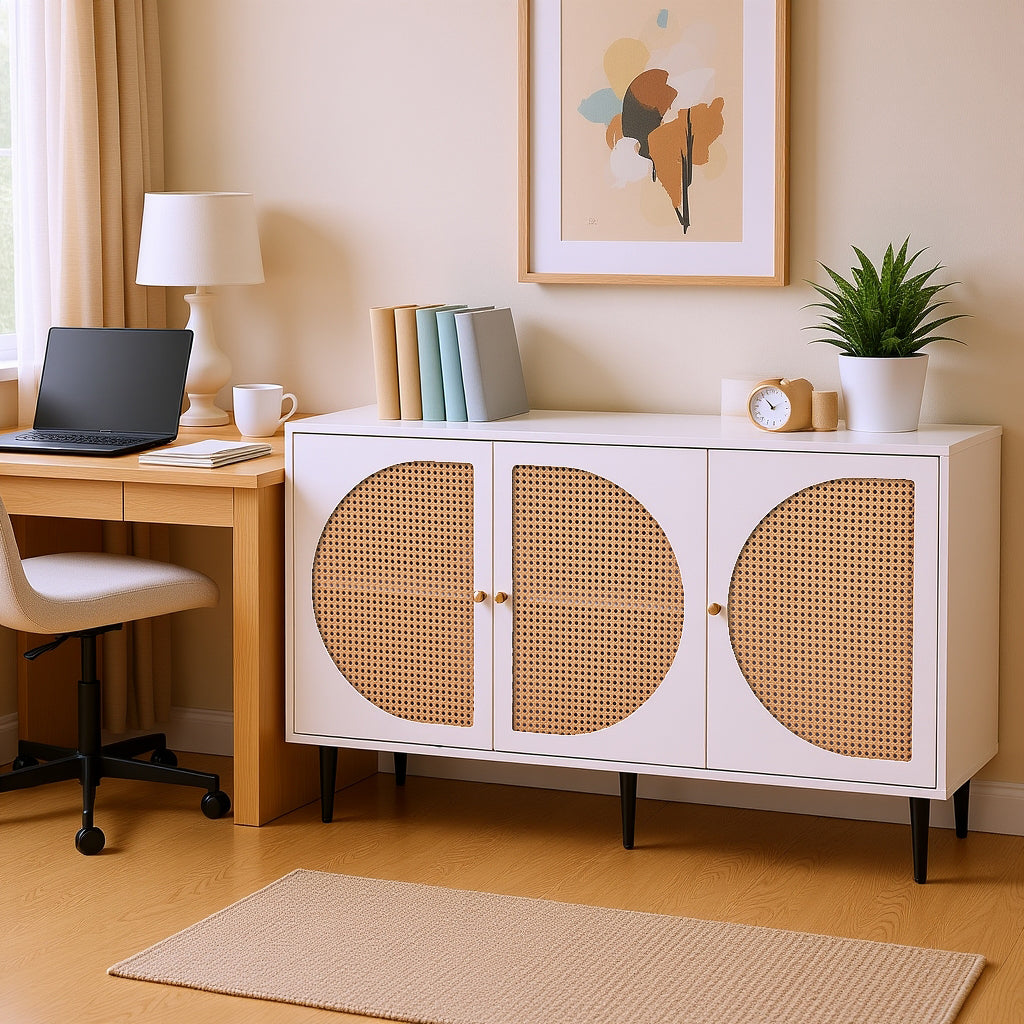 Buffet blanc moderne avec 3 portes en rotin et pieds en métal