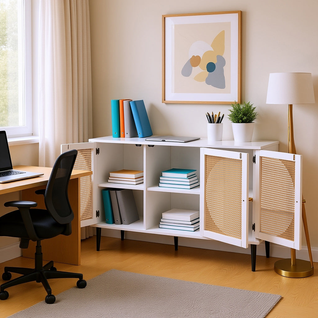 Buffet blanc moderne avec 3 portes en rotin et pieds en métal