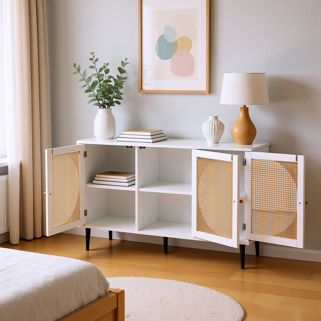 Buffet blanc moderne avec 3 portes en rotin et pieds en métal