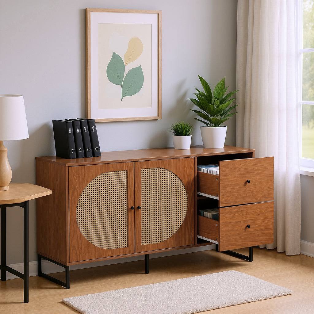 Buffet en noyer avec 2 portes en rotin et 2 tiroirs