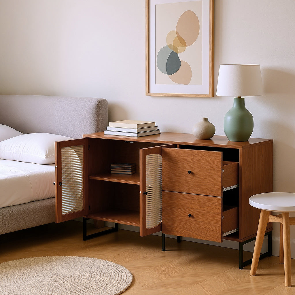 Buffet en noyer avec 2 portes en rotin et 2 tiroirs