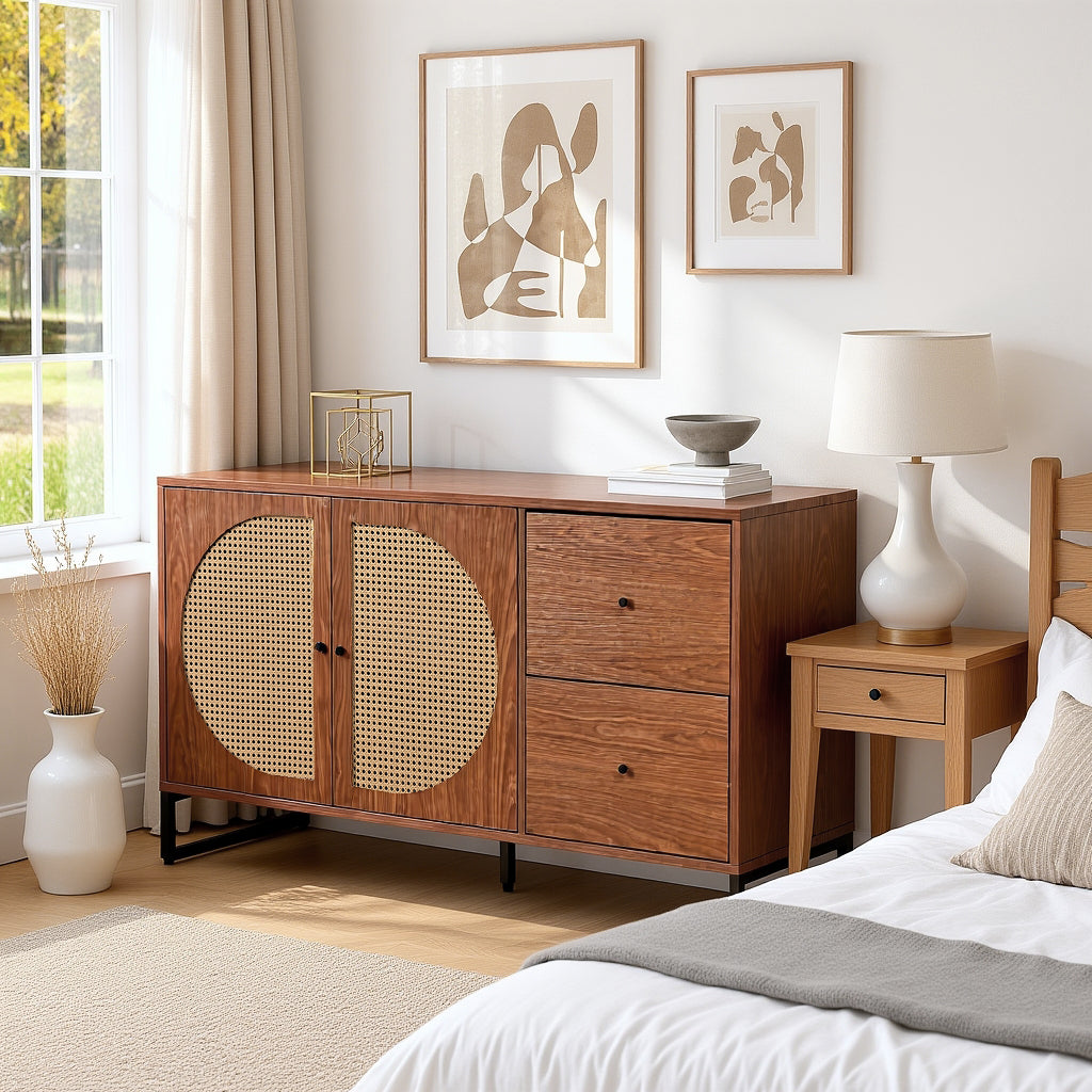 Buffet en noyer avec 2 portes en rotin et 2 tiroirs