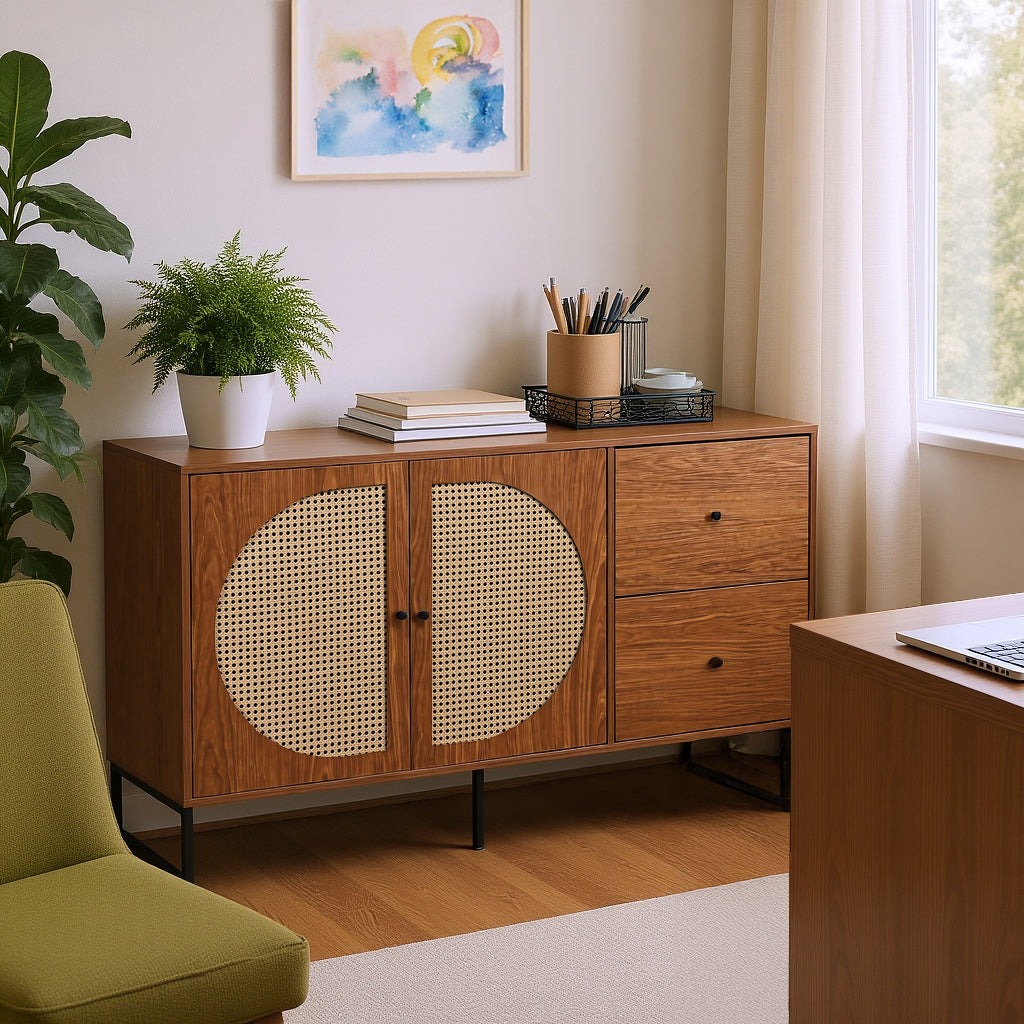 Buffet en noyer avec 2 portes en rotin et 2 tiroirs