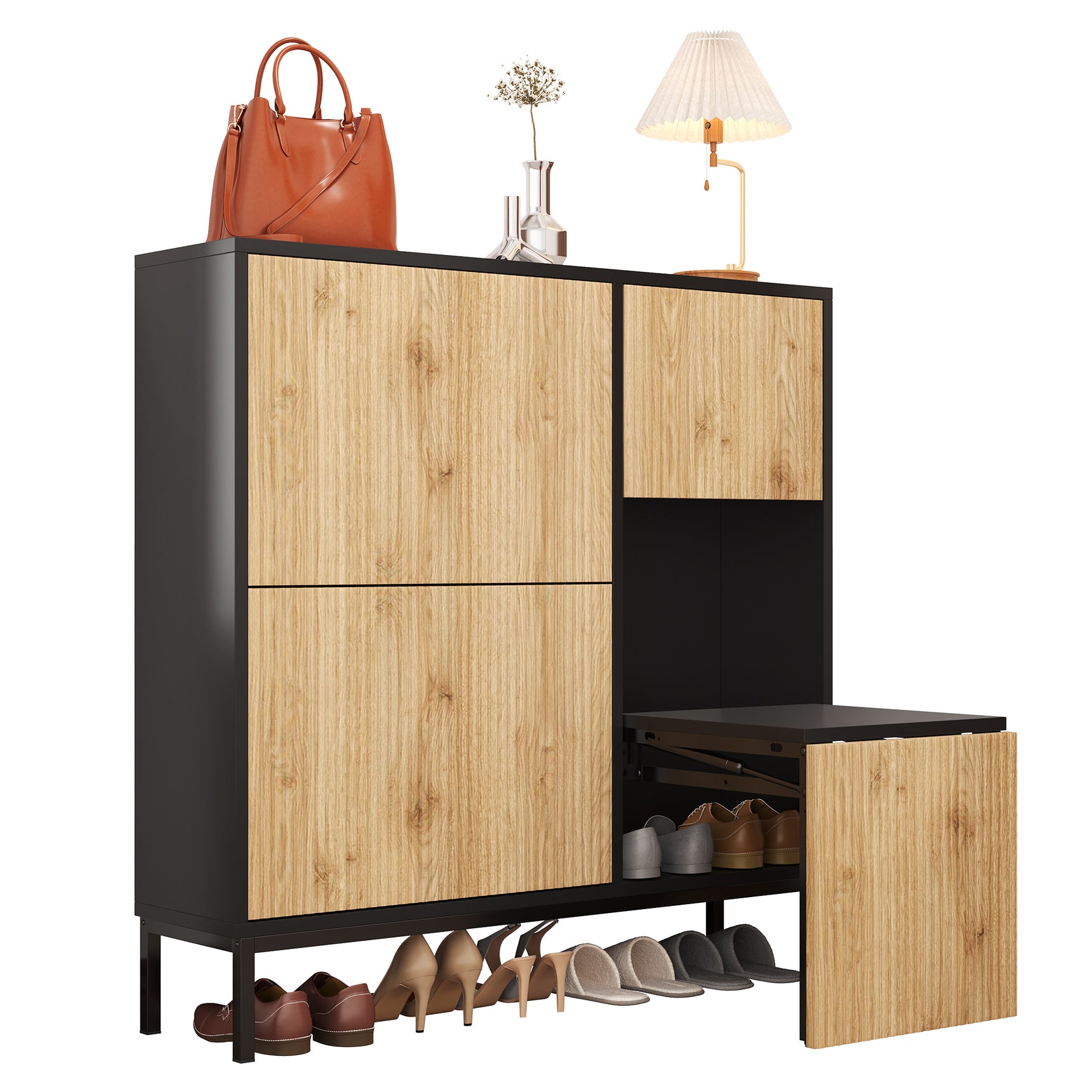 Meuble à chaussures avec banc intégré 100x25x100 cm en MDF noir et bois naturel, 3 abattants, étagères et assise escamotable, idéal pour entrée, couloir ou chambre