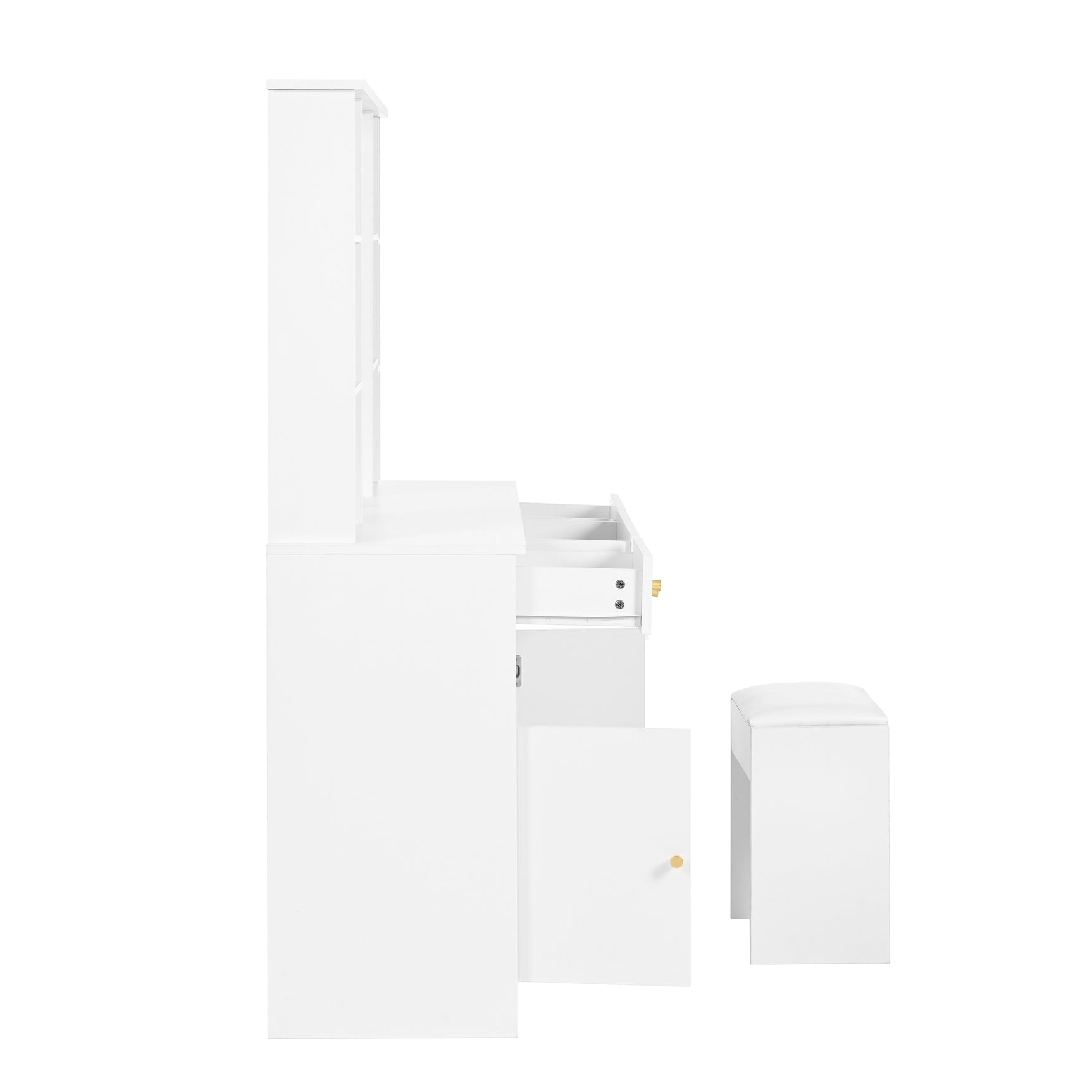 Grande coiffeuse blanche avec miroir, tabouret et éclairage LED réglable, 3 tiroirs et 2 portes de rangement