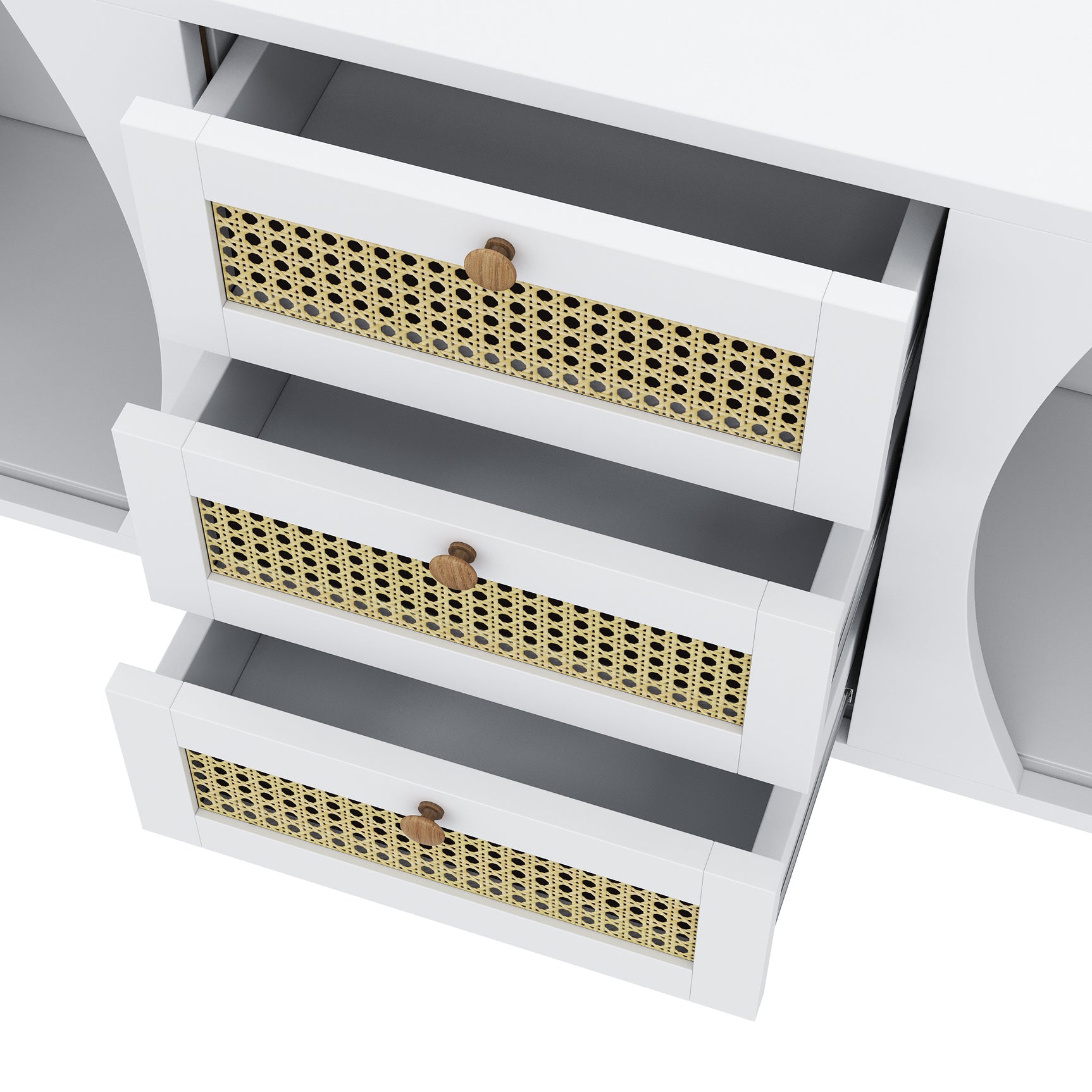 Modern white buffet with 3 rattan drawers and sliding doors