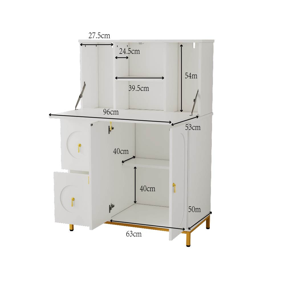 Secrétaire multifonctionnel avec plan de travail rabattable et grands espaces de rangement en blanc