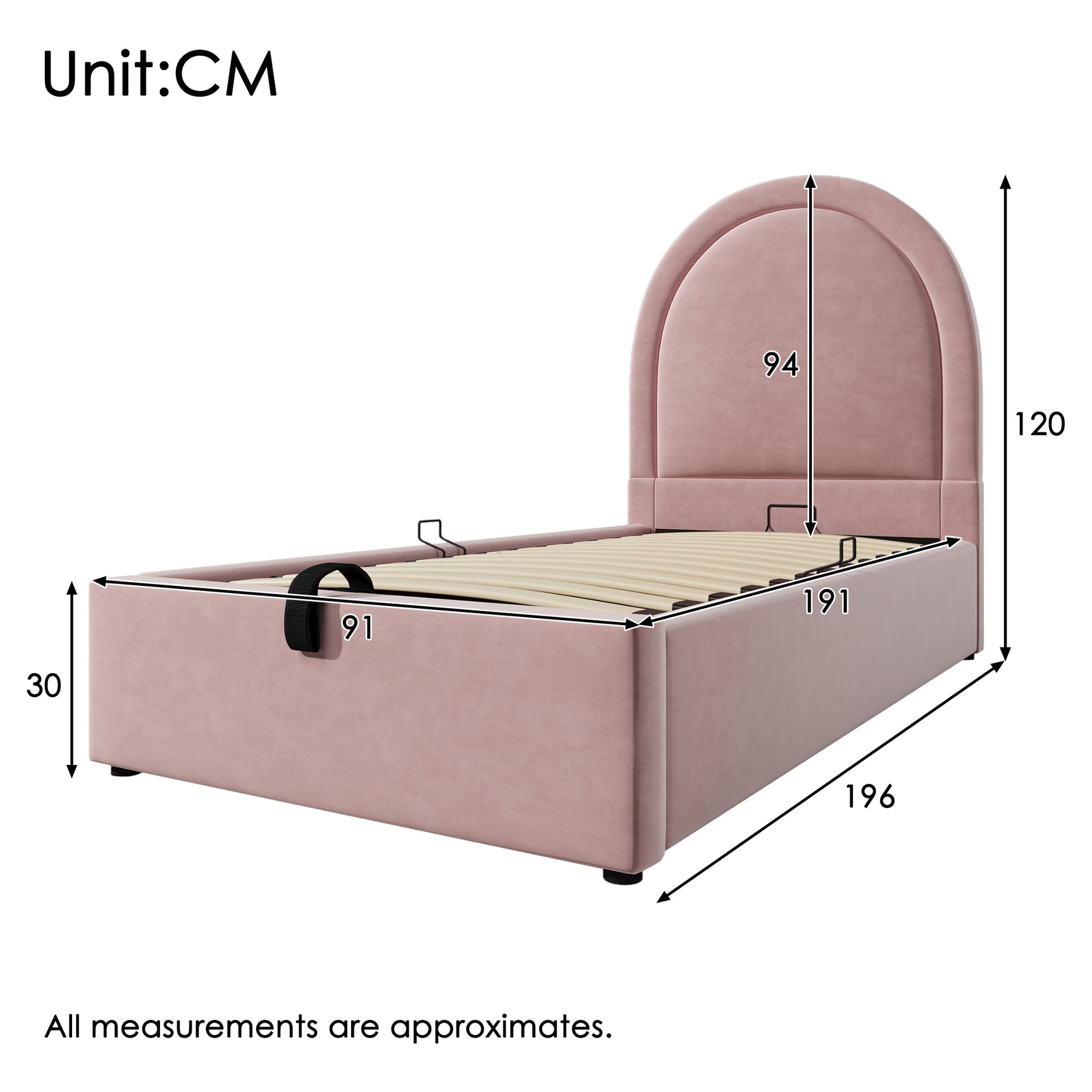 Packaged children's bed 90 × 190 cm (without mattresses) in pink velvet with arched headboard