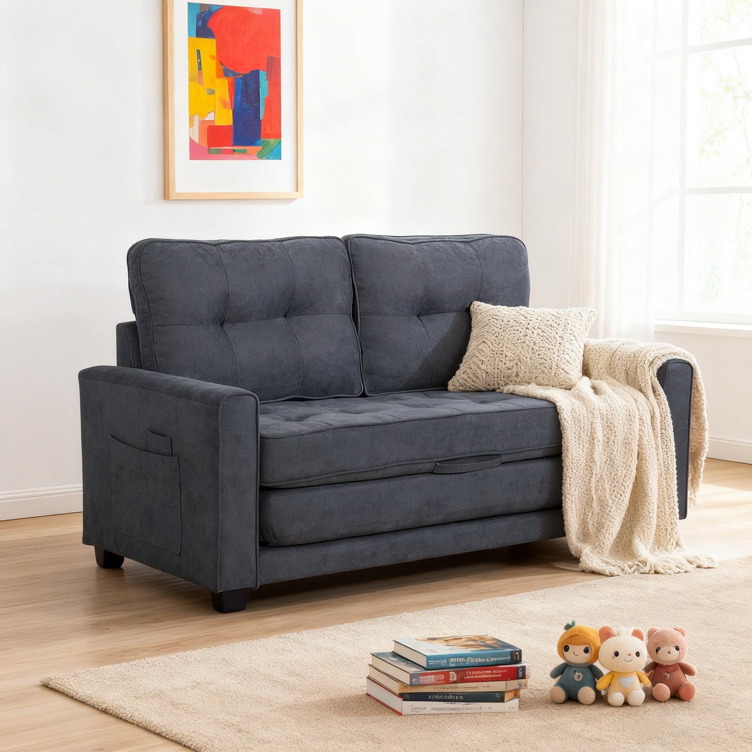 2-seater sofa bed in dark gray fabric with side pockets, modern convertible sofa