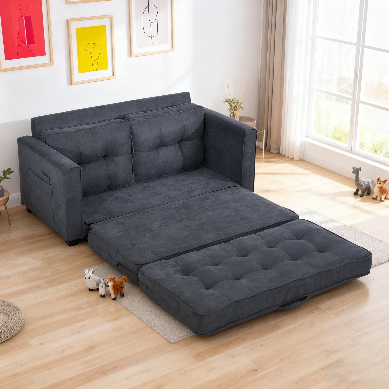2-seater sofa bed in dark gray fabric with side pockets, modern convertible sofa