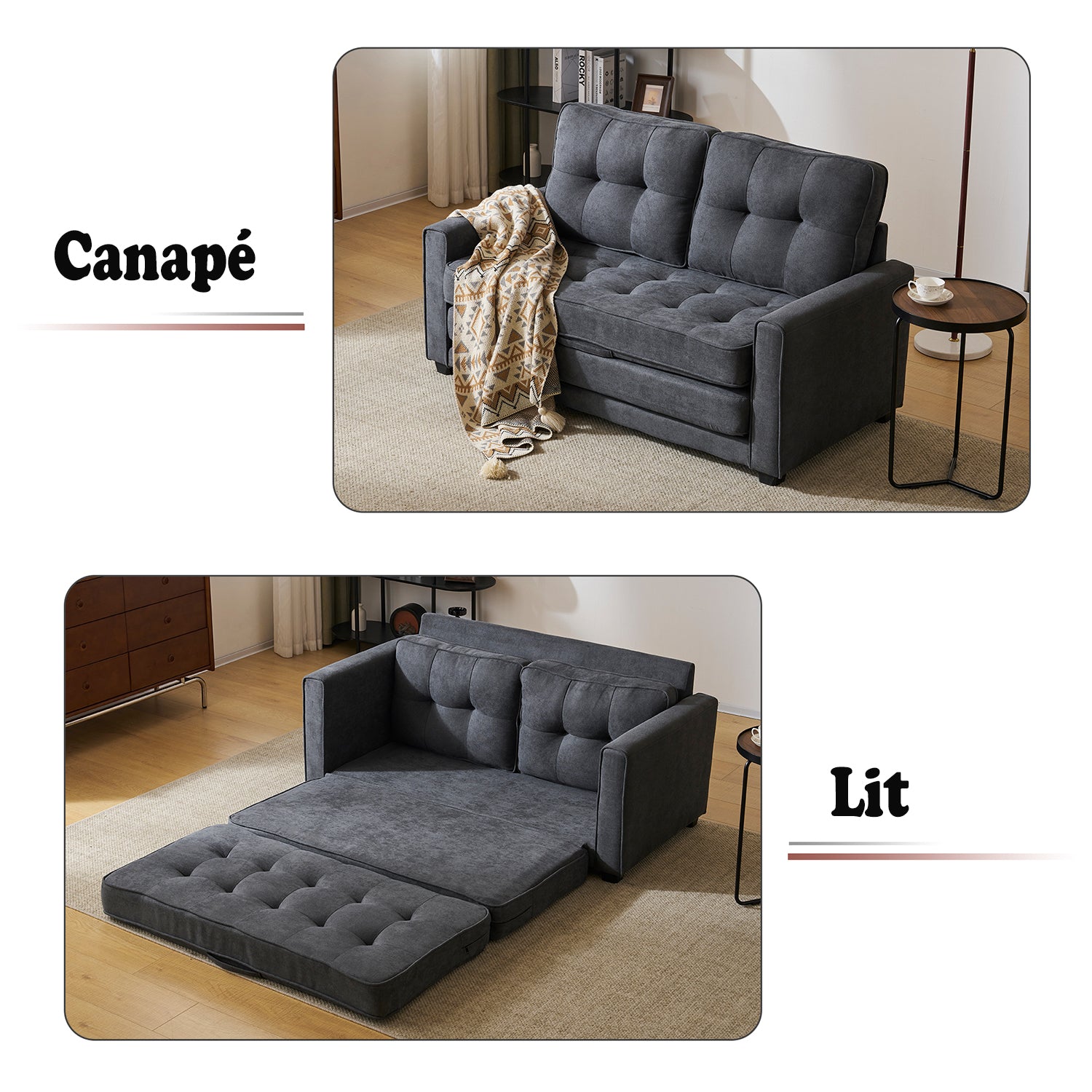2-seater sofa bed in dark gray fabric with side pockets, modern convertible sofa