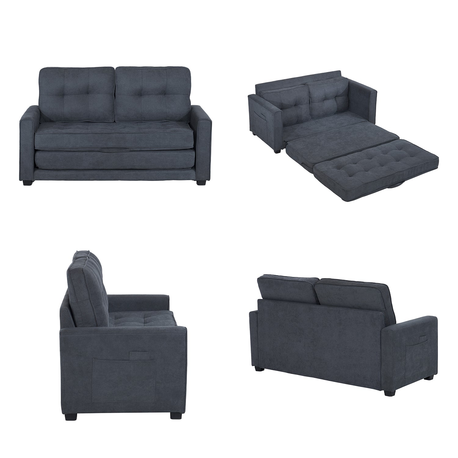 2-seater sofa bed in dark gray fabric with side pockets, modern convertible sofa